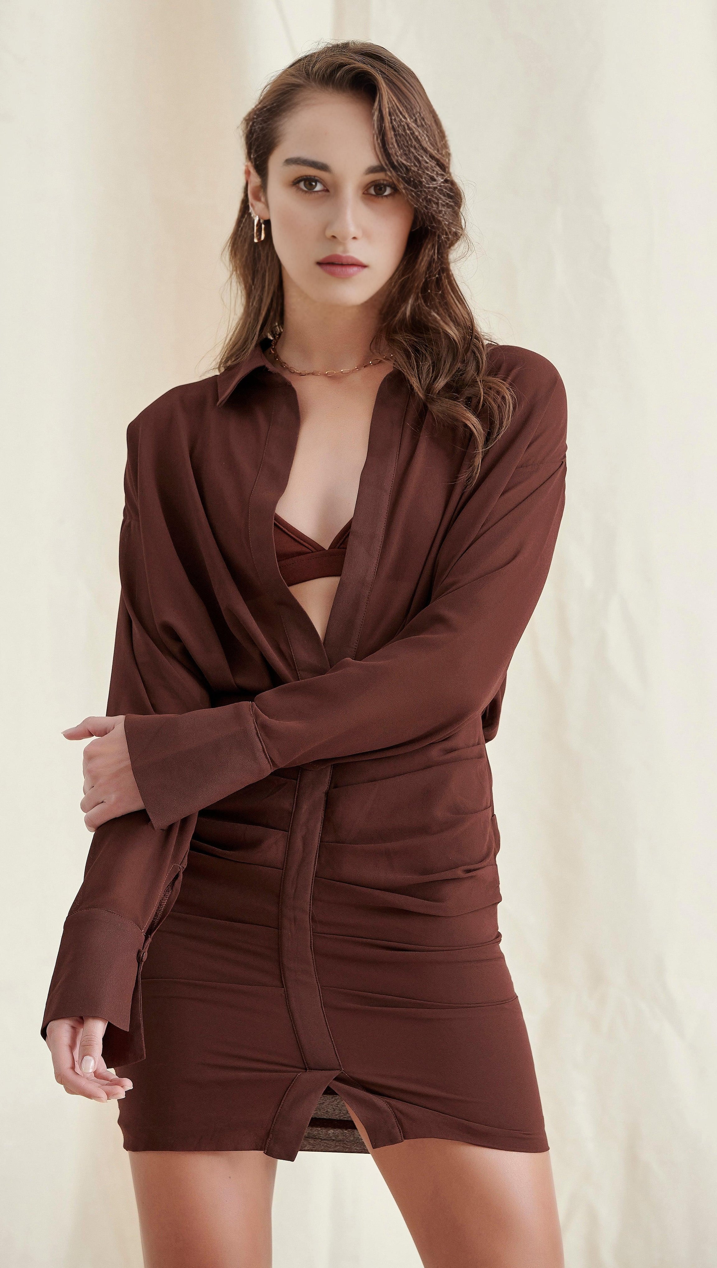 CHOCOLATE CHIFFON SHIRT DRESS AND BRALETTE