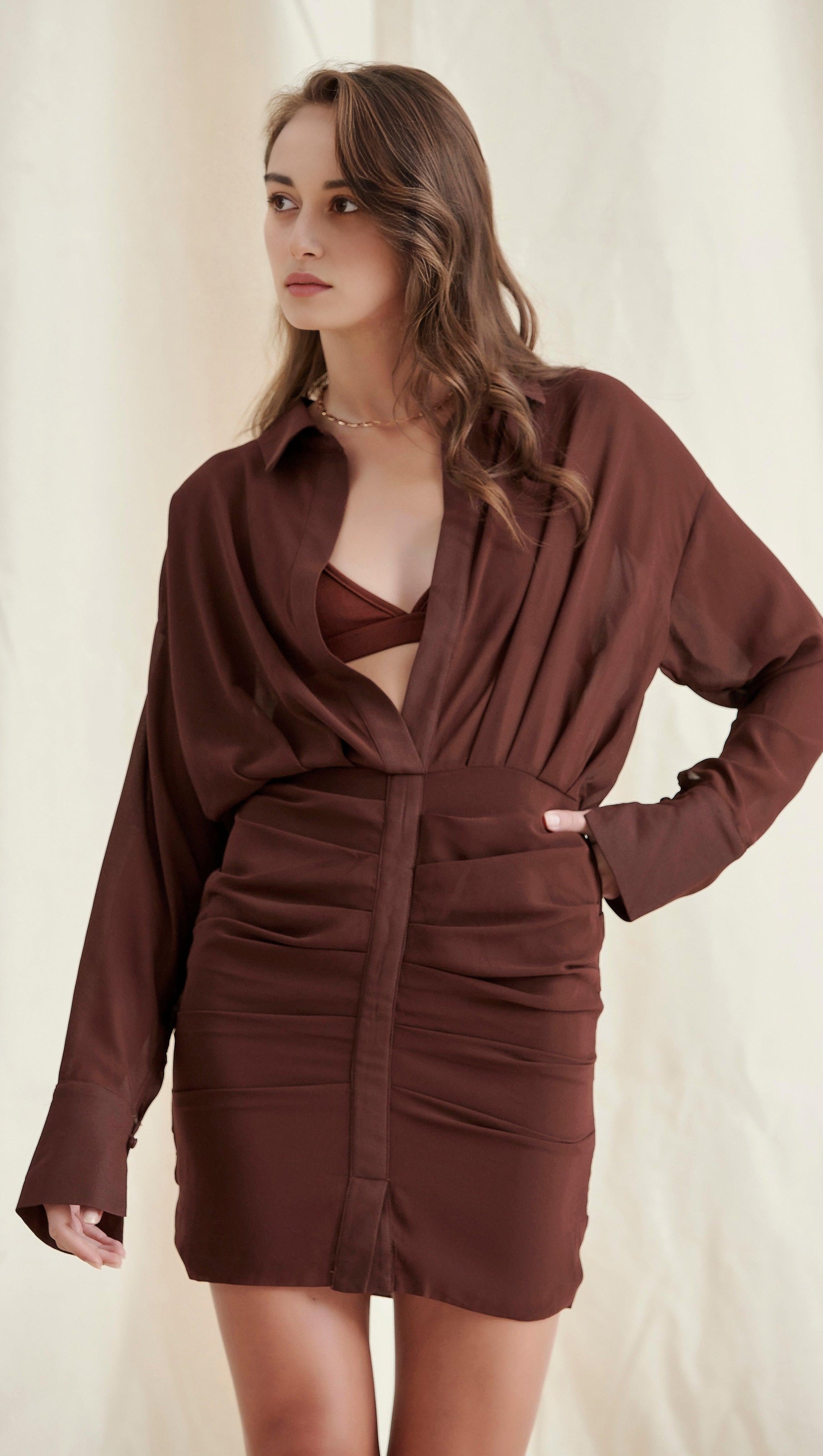 CHOCOLATE CHIFFON SHIRT DRESS AND BRALETTE
