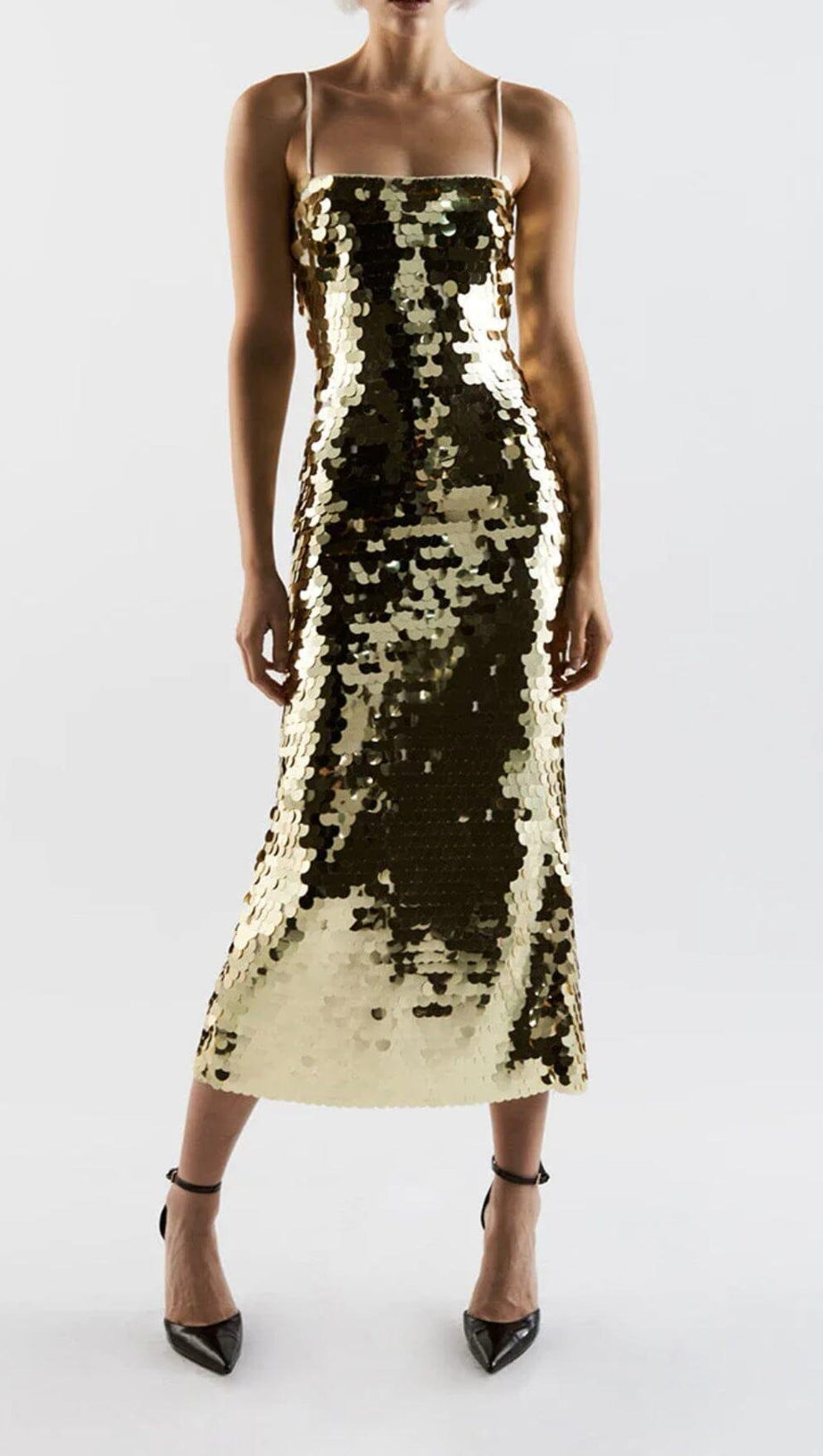 SEQUIN SLIP MIDI DRESS IN METALLIC