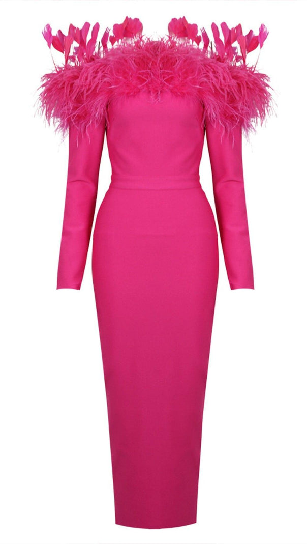 AIIZIE FEATHER TRIM MIDI DRESS IN CRIMSON - product image