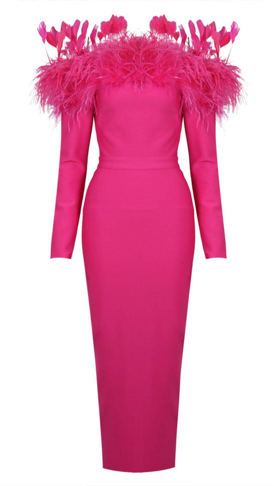 FEATHER TRIM MIDI DRESS IN CRIMSON