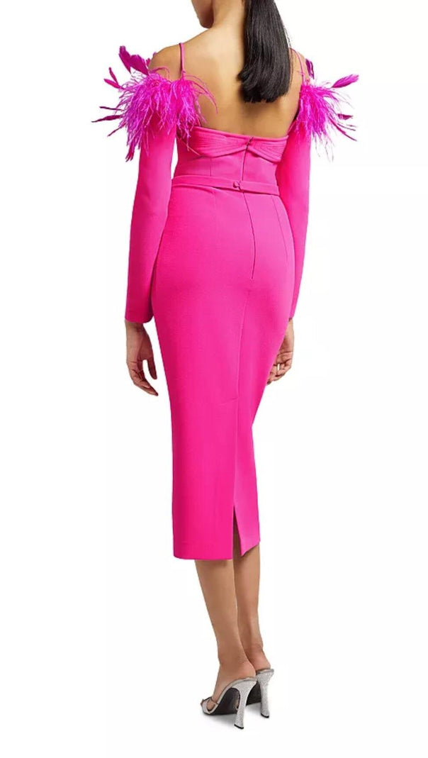 AIIZIE FEATHER TRIM MIDI DRESS IN CRIMSON - product image