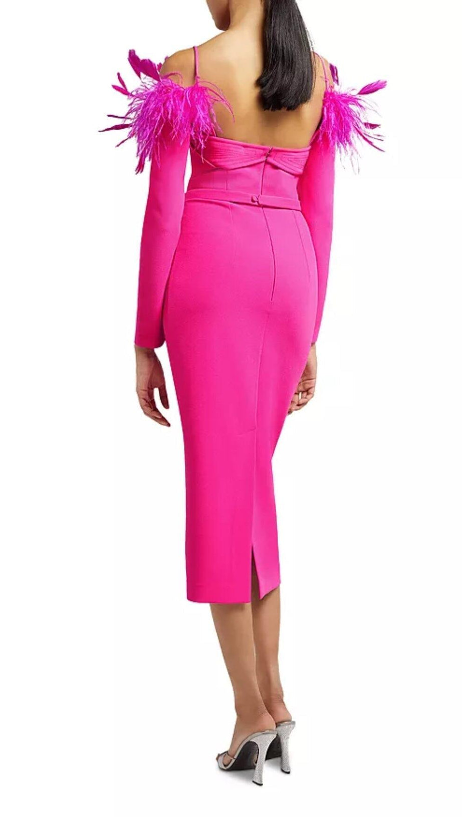 FEATHER TRIM MIDI DRESS IN CRIMSON