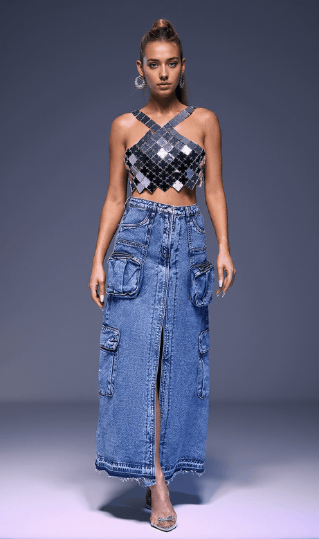 Gonna in denim con tasche spaccate Valencia blu