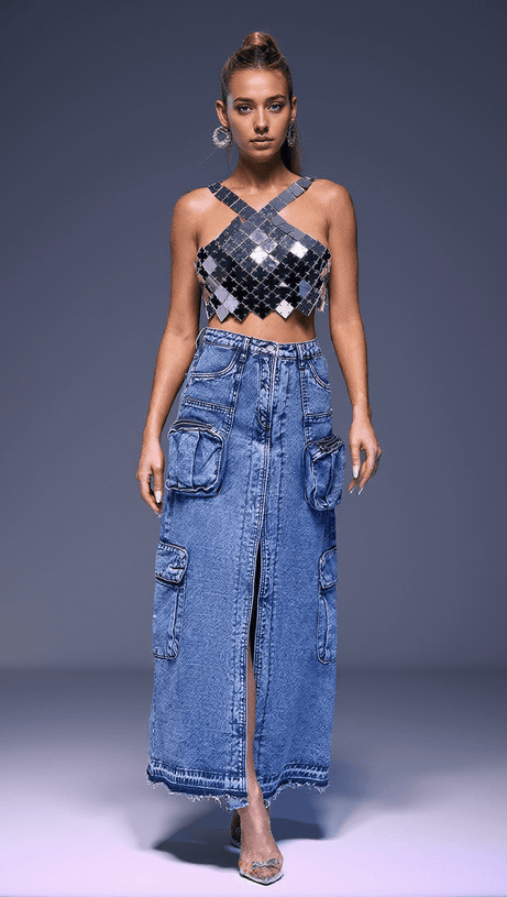 VALENCIA POCKET SPLIT DENIM SKIRT IN BLUE