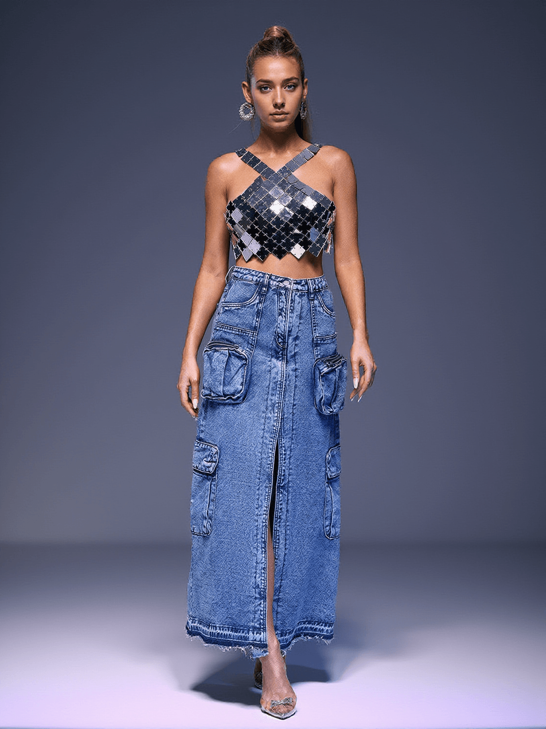 VALENCIA POCKET SPLIT DENIM SKIRT IN BLUE