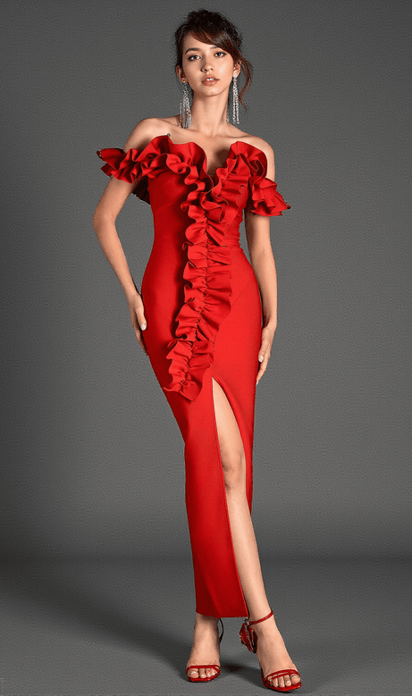 Ioulitta Ruffle High Slit Bandage Dress