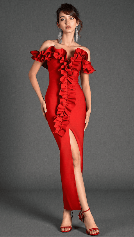 Ioulitta Bandage-Kleid mit Rüschen und hohem Schlitz