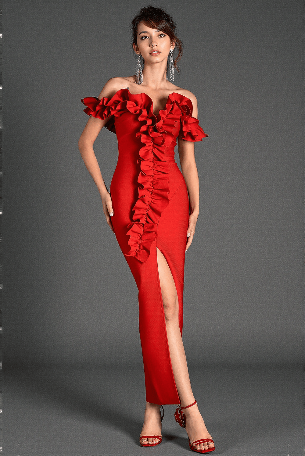 Ioulitta Bandage-Kleid mit Rüschen und hohem Schlitz