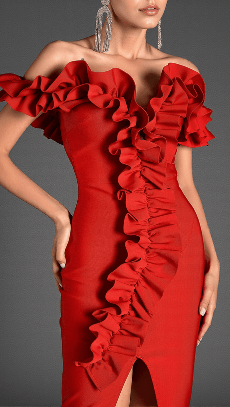 Ioulitta Bandage-Kleid mit Rüschen und hohem Schlitz