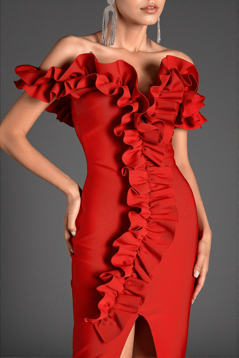 Ioulitta Bandage-Kleid mit Rüschen und hohem Schlitz