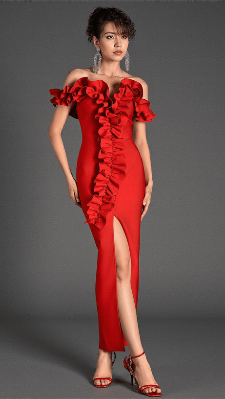 Ioulitta Bandage-Kleid mit Rüschen und hohem Schlitz