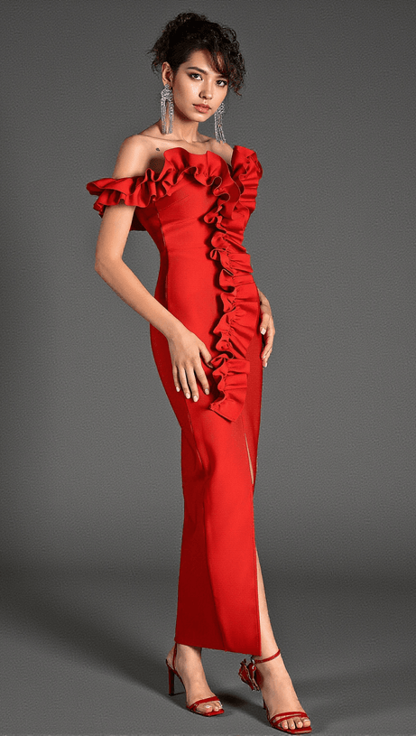 Ioulitta Bandage-Kleid mit Rüschen und hohem Schlitz