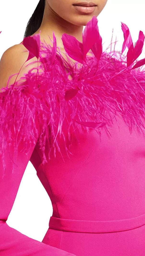 AIIZIE FEATHER TRIM MIDI DRESS IN CRIMSON - product image