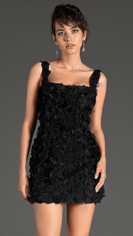 Dellidi – Schwarzes Minikleid mit 3D-Blumenmuster