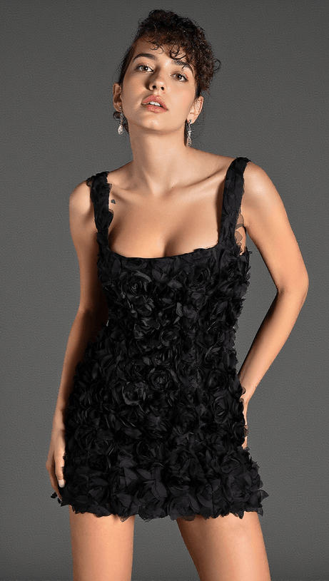 Dellidi – Schwarzes Minikleid mit 3D-Blumenmuster