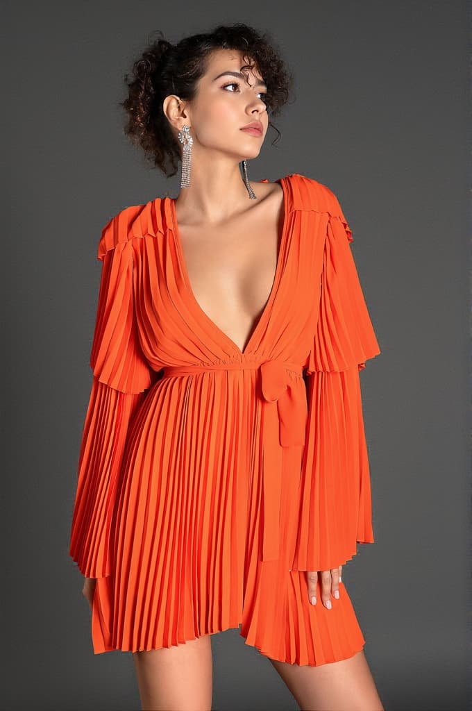 Sappho V-Neck Bell Sleeve Pleated Dress