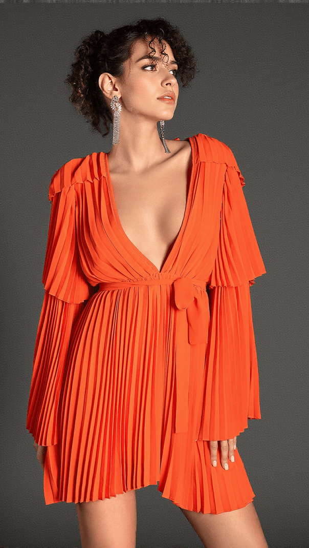 AIIZIE SAPPHO V-NECK BELL SLEEVE PLEATED DRESS - product image