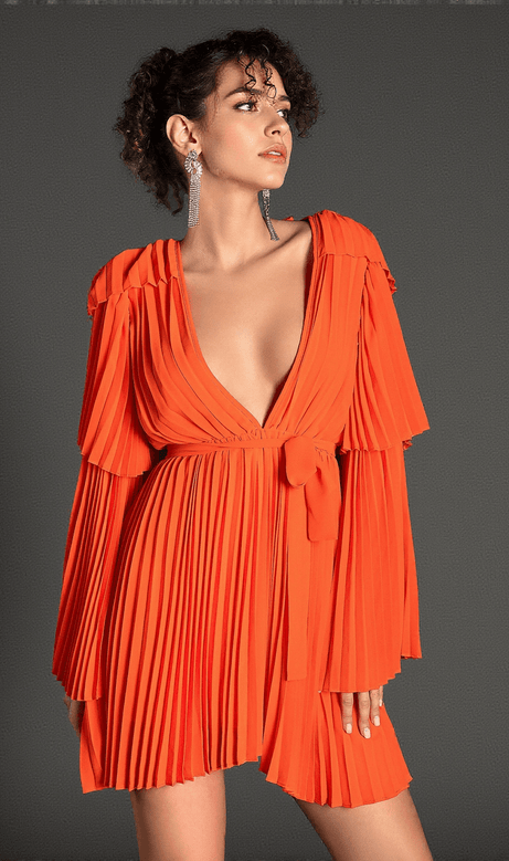 Sappho V-Neck Bell Sleeve Pleated Dress