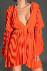 Sappho V-Neck Bell Sleeve Pleated Dress