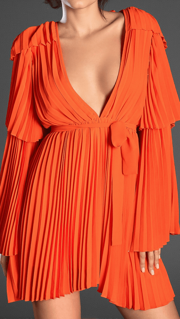 AIIZIE SAPPHO V-NECK BELL SLEEVE PLEATED DRESS - product image