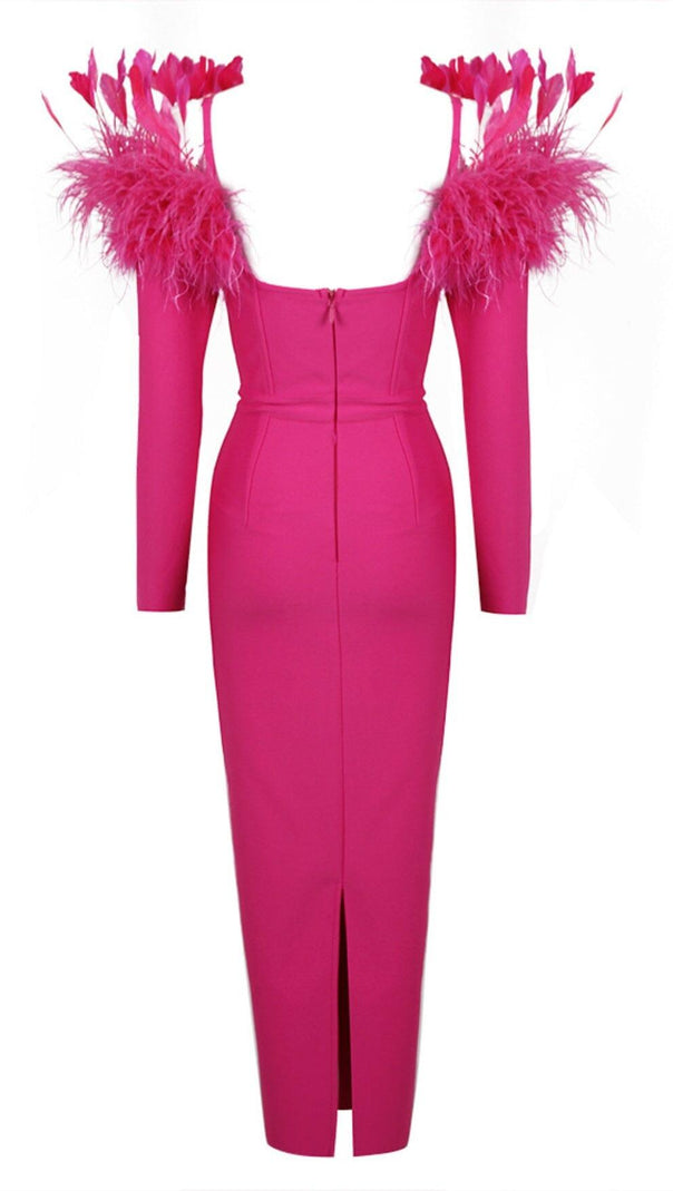 AIIZIE FEATHER TRIM MIDI DRESS IN CRIMSON - product image
