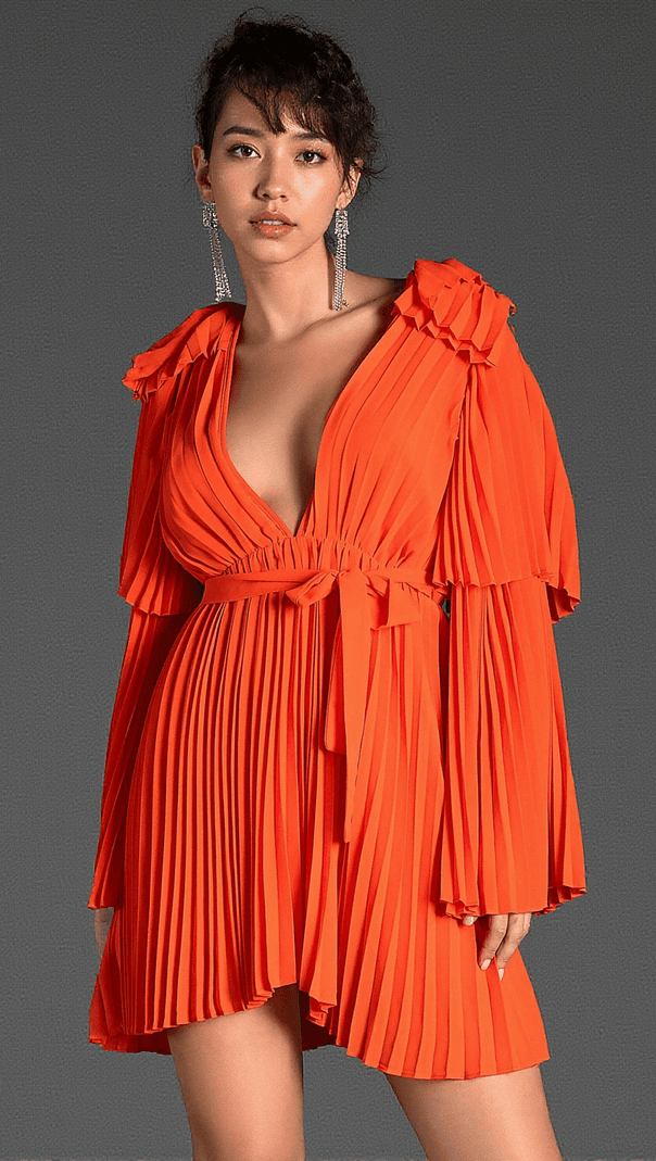 AIIZIE SAPPHO V-NECK BELL SLEEVE PLEATED DRESS - product image