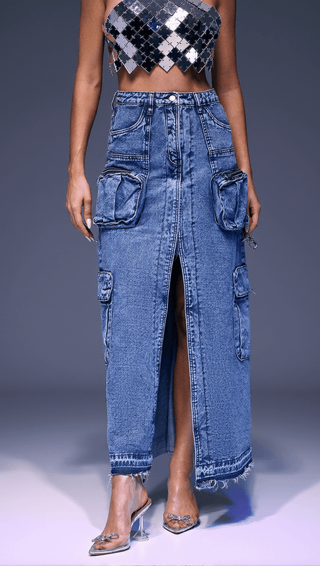 VALENCIA POCKET SPLIT DENIM SKIRT IN BLUE