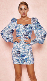 BLUE + WHITE PRINT PUFF SLEEVE  FLORAL DRESS