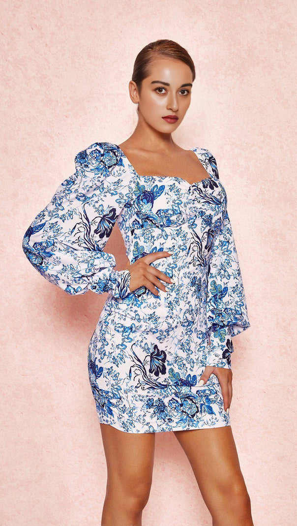 AIIZIE BLUE + WHITE PRINT PUFF SLEEVE FLORAL DRESS - product image