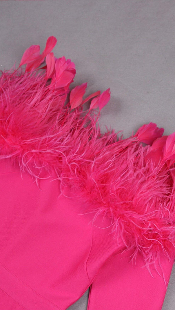 AIIZIE FEATHER TRIM MIDI DRESS IN CRIMSON - product image