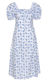 BLUE WHITE FLORAL MIDI DRESS