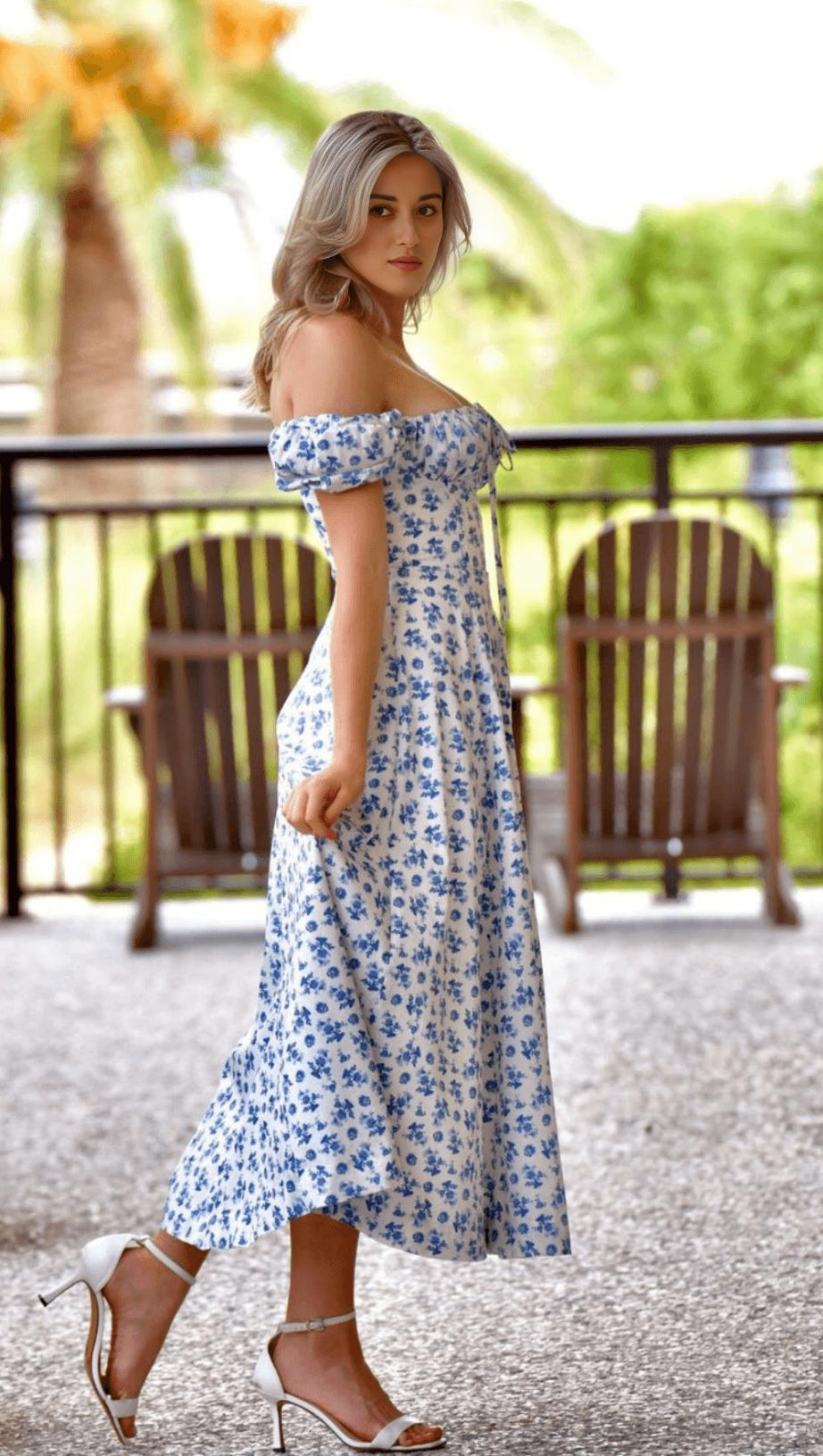 BLUE WHITE FLORAL MIDI DRESS