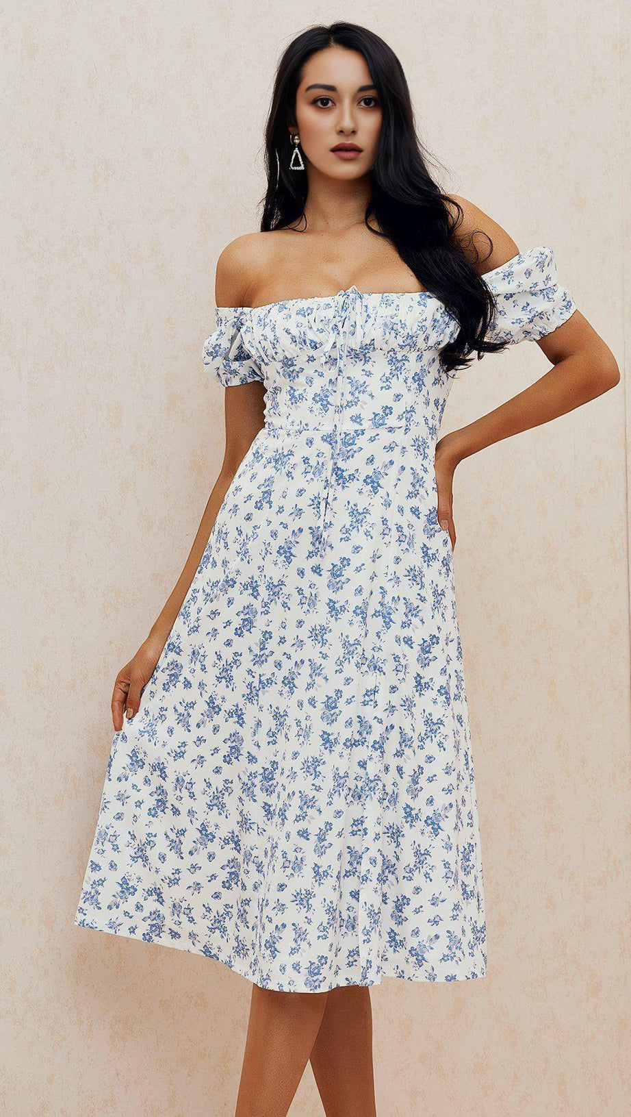 BLUE WHITE FLORAL MIDI DRESS