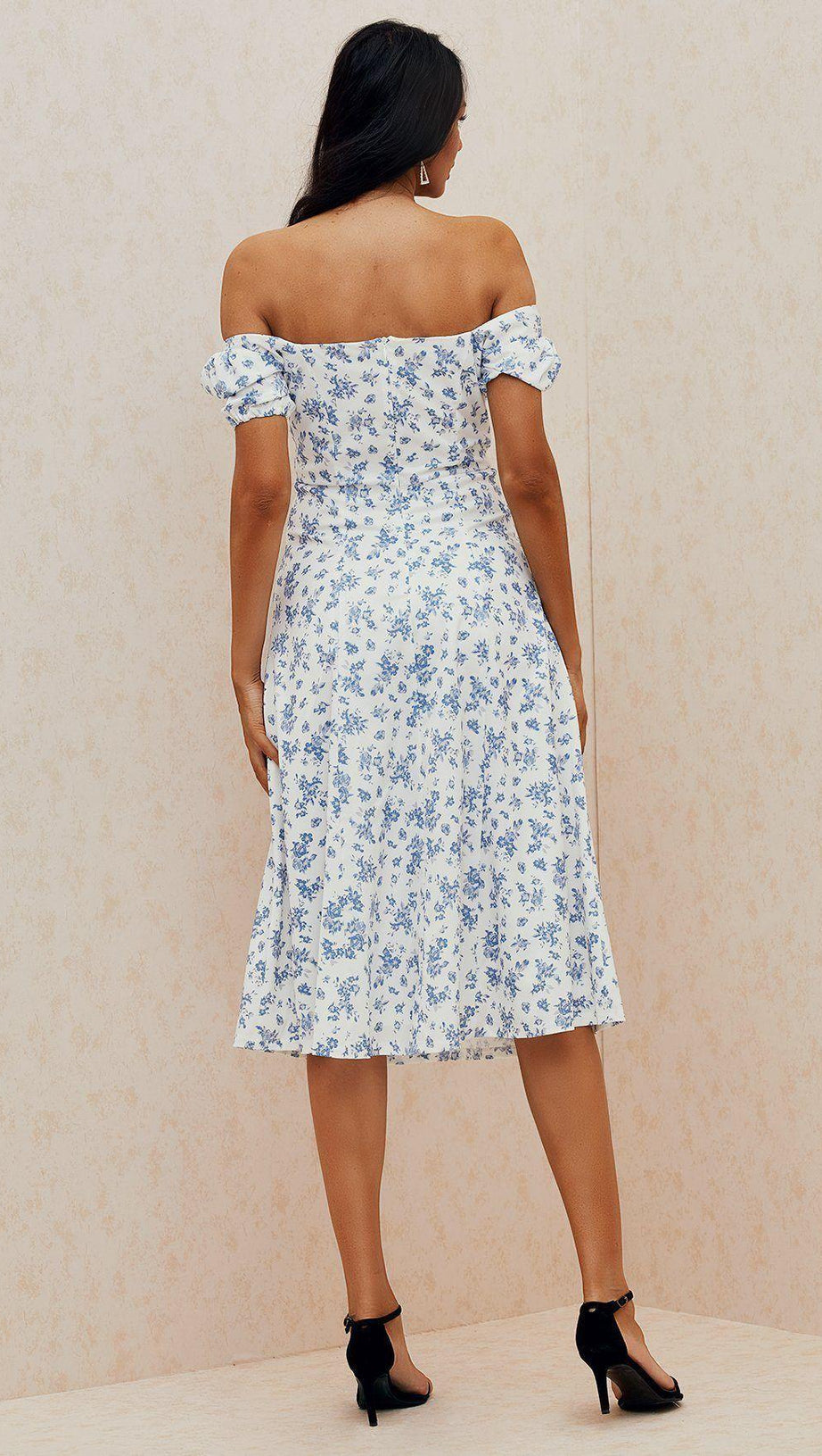 BLUE WHITE FLORAL MIDI DRESS
