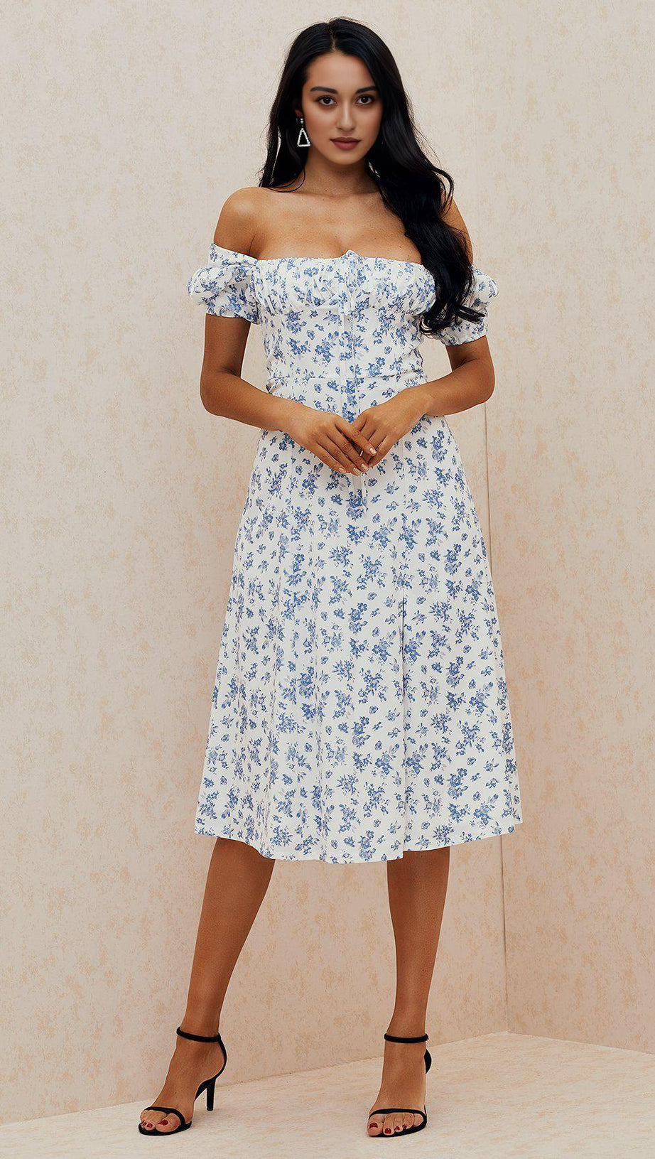 BLUE WHITE FLORAL MIDI DRESS
