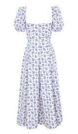 BLUE WHITE FLORAL MIDI DRESS