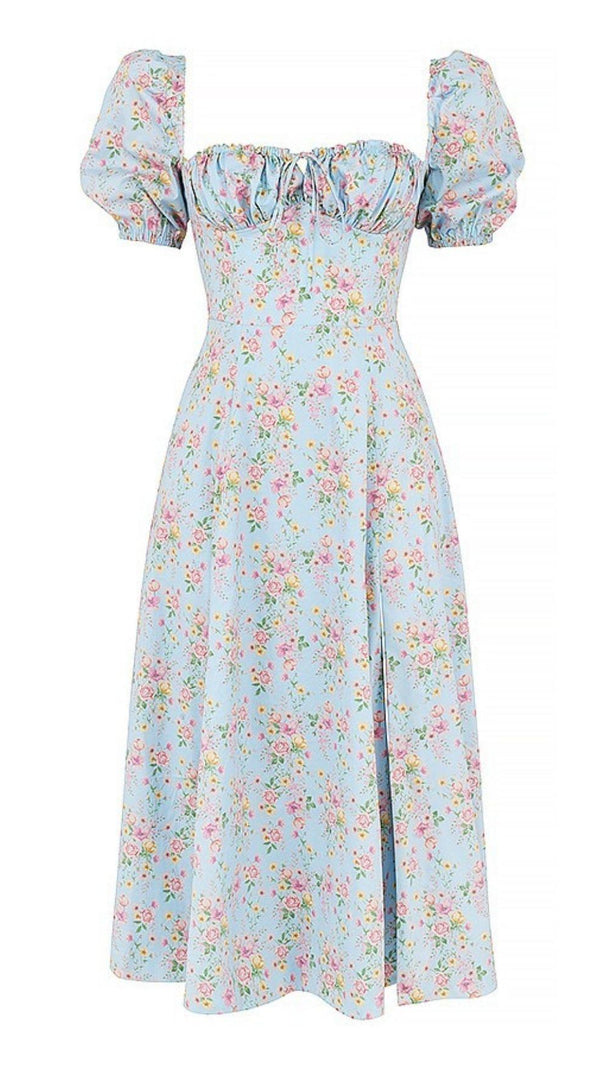 AIIZIE BLUE VINTAGE FLORAL PUFF SLEEVE MIDI DRESS - product image