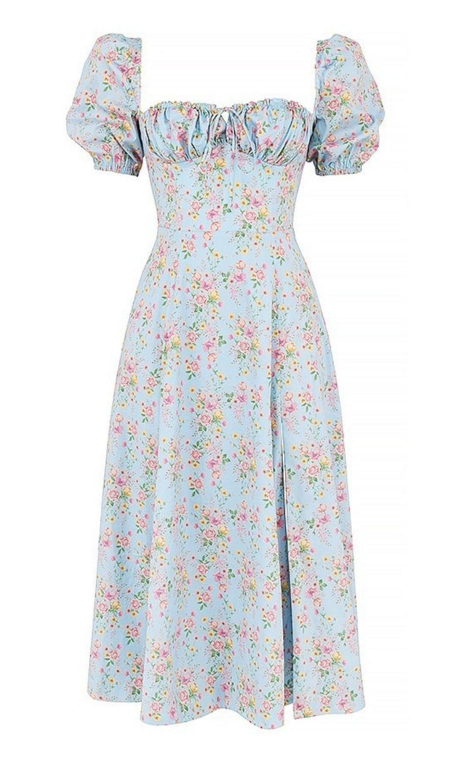BLAUES MIDIKLEID MIT PUFFÄRMELN UND BLUMENMUSTER
