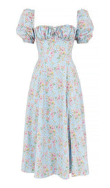 BLUE VINTAGE FLORAL PUFF SLEEVE MIDI DRESS