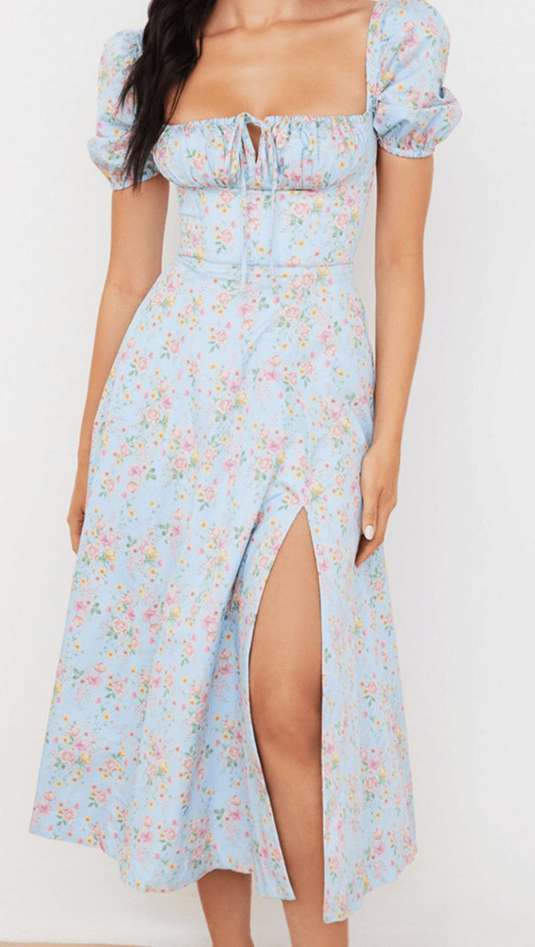 AIIZIE BLUE VINTAGE FLORAL PUFF SLEEVE MIDI DRESS - product image