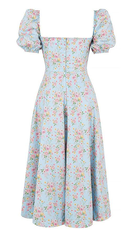 BLUE VINTAGE FLORAL PUFF SLEEVE MIDI DRESS