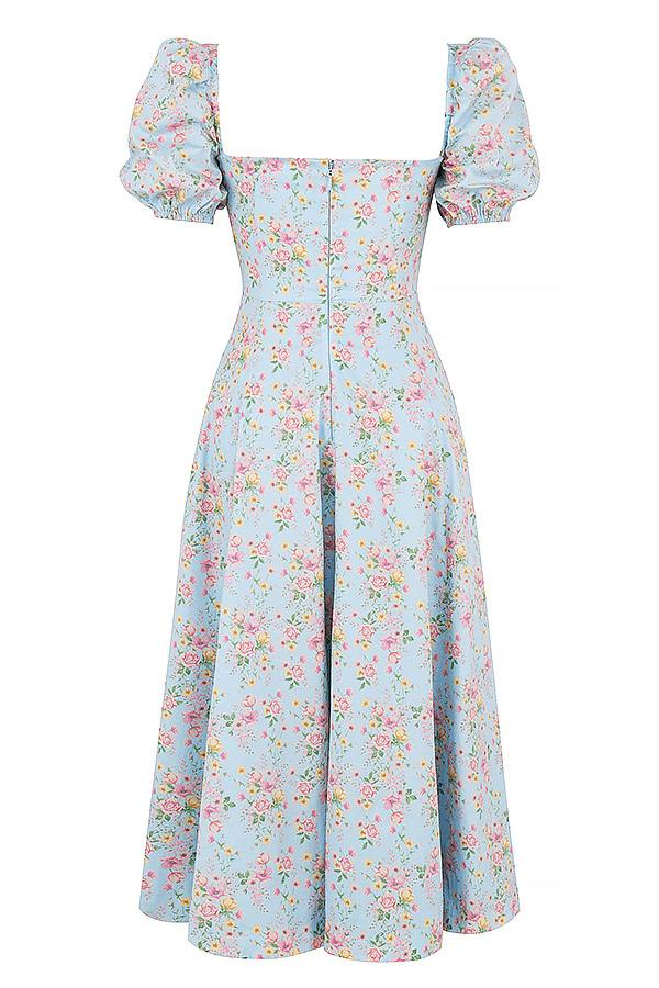 AIIZIE BLUE VINTAGE FLORAL PUFF SLEEVE MIDI DRESS - product image