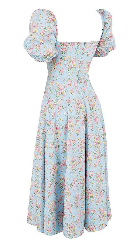 BLUE VINTAGE FLORAL PUFF SLEEVE MIDI DRESS