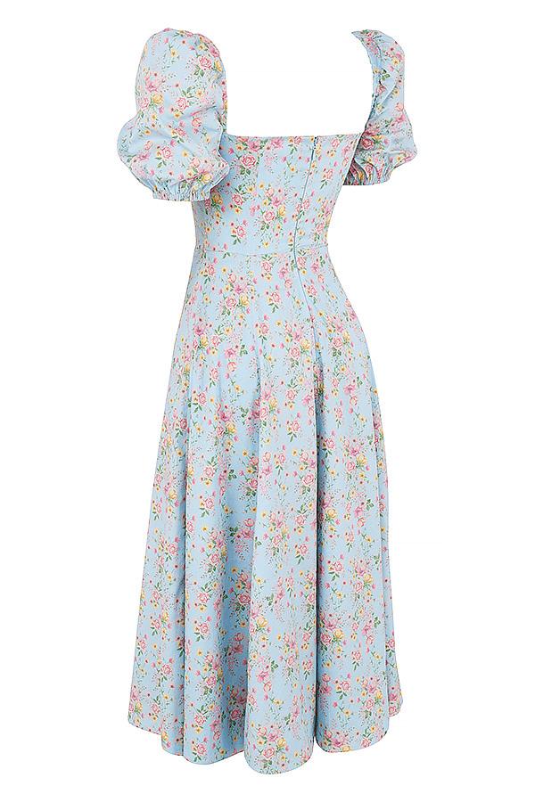 AIIZIE BLUE VINTAGE FLORAL PUFF SLEEVE MIDI DRESS - product image