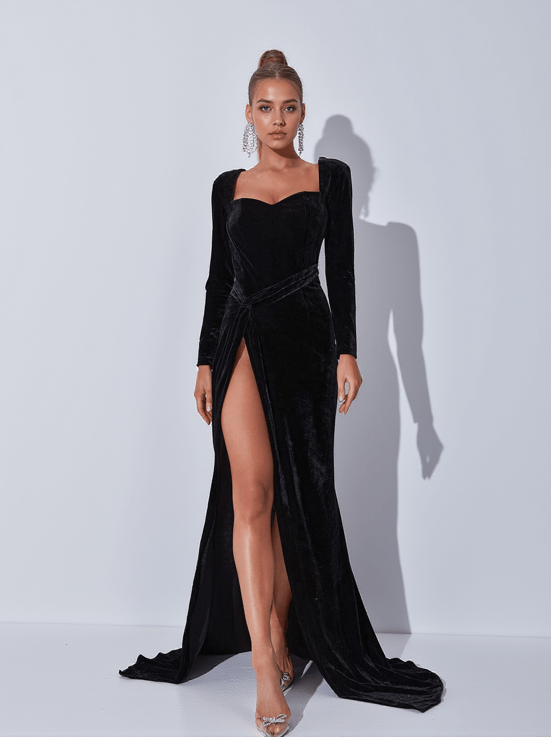 BERNICE LONG SLEEVE GLOVES VELVET MAXI DRESS IN BLACK