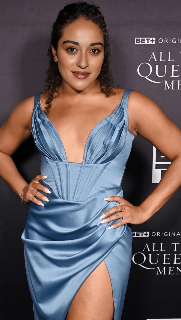 AIIZIE BLUE SATIN CORSET MIDI DRESS - product image