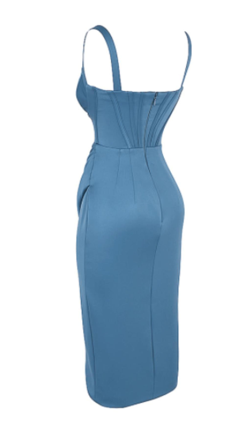 BLUE SATIN CORSET MIDI DRESS