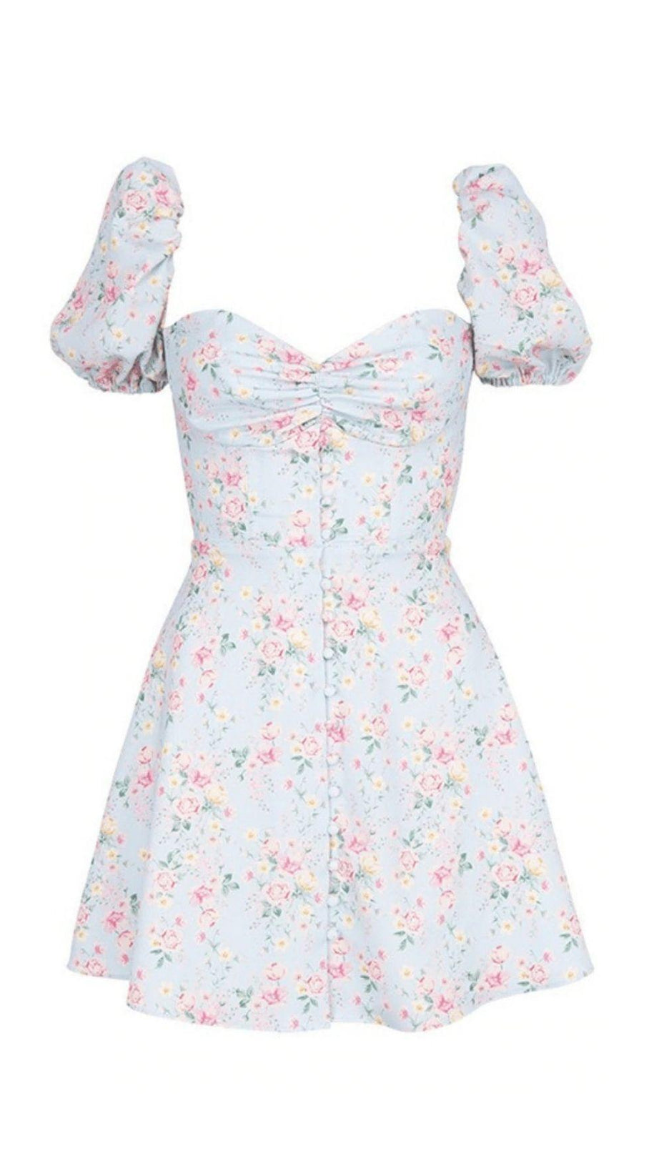 BLAUES MINI-SOMMERKLEID MIT BLUMENMUSTER 