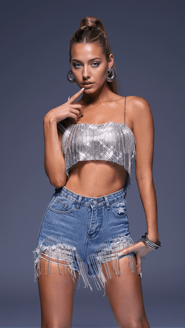 AIIZIE ARMIDA RHINESTONE FRINGE DENIM SHORTS - product image
